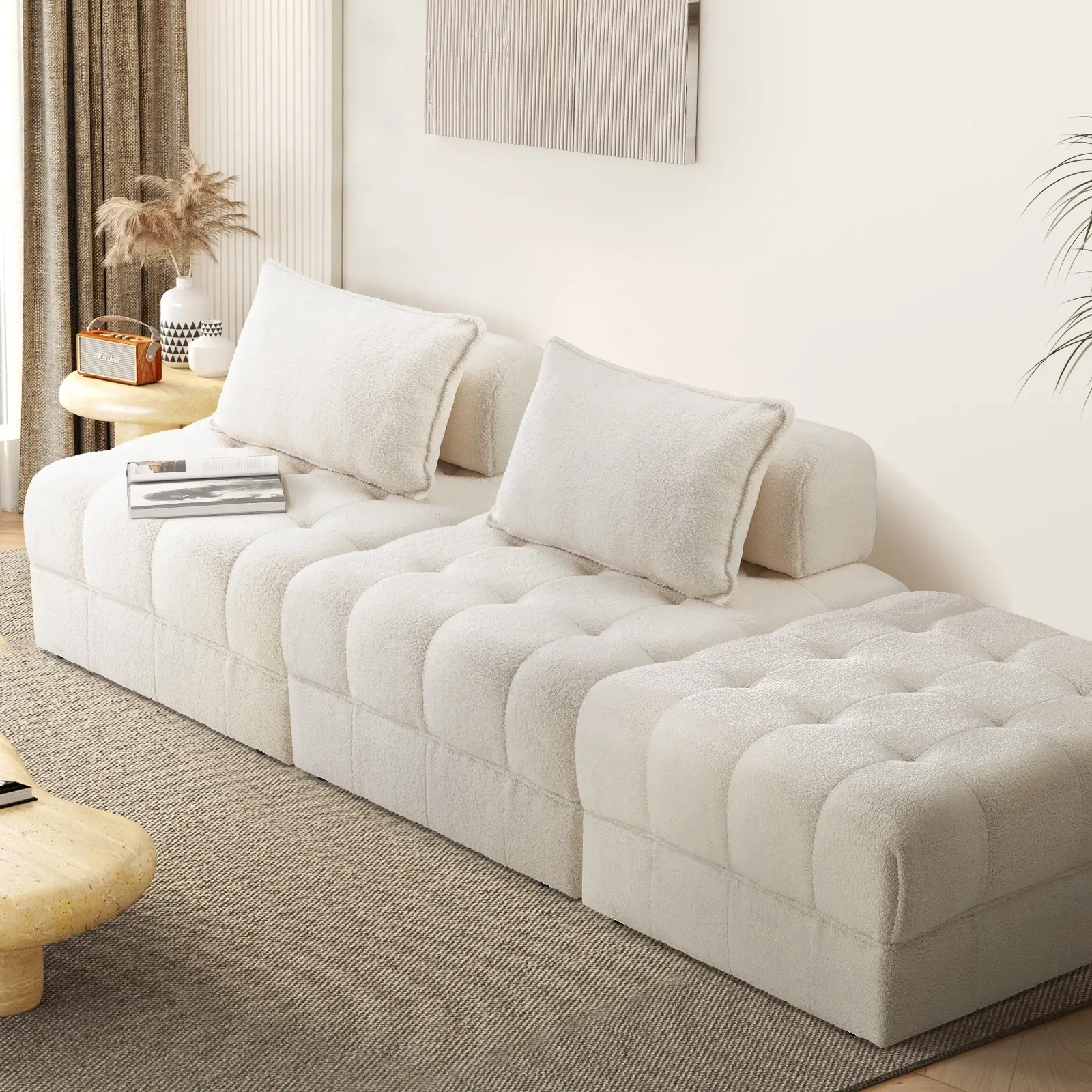 Oikiture 3 Seater Boucle Modular Sofa & Ottoman Set Armless TOFU Back White - Furniture