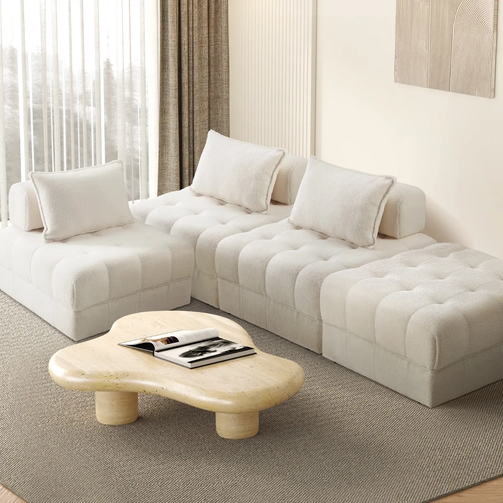 Oikiture 4 Seater Boucle Modular Sofa & Ottoman Set Armless TOFU Back White - Furniture