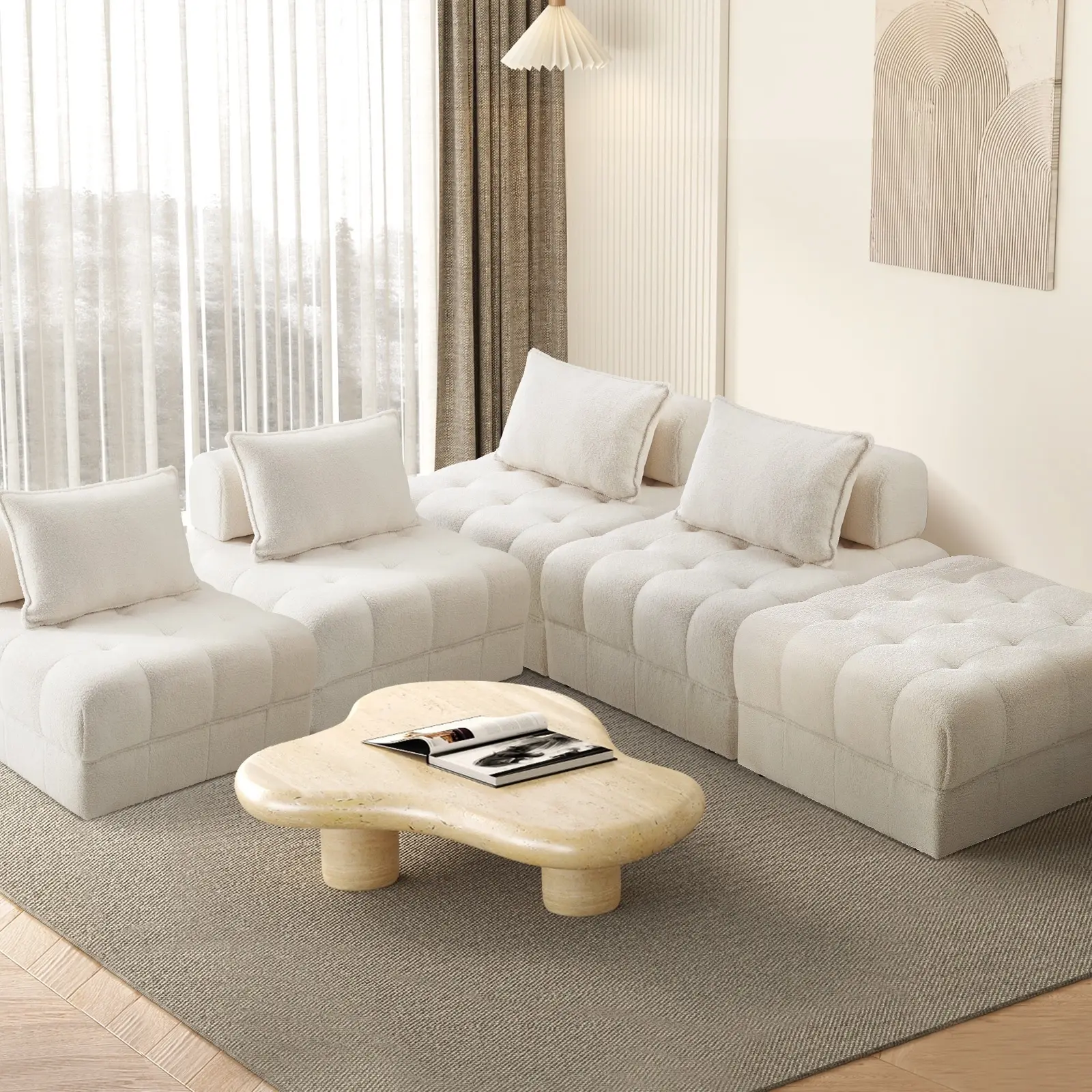 Oikiture 5 Seater Boucle Modular Sofa & Ottoman Set Armless TOFU Back White - Furniture