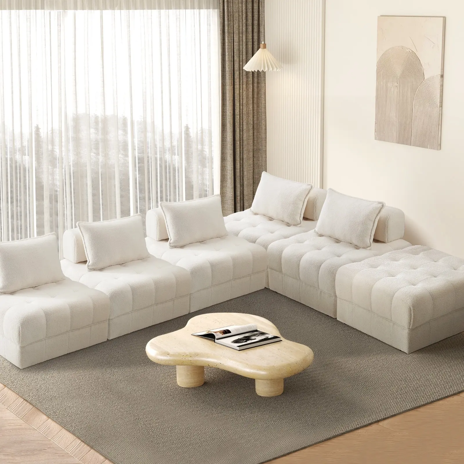 Oikiture 6 Seater Boucle Modular Sofa & Ottoman Set Armless TOFU Back White - Furniture