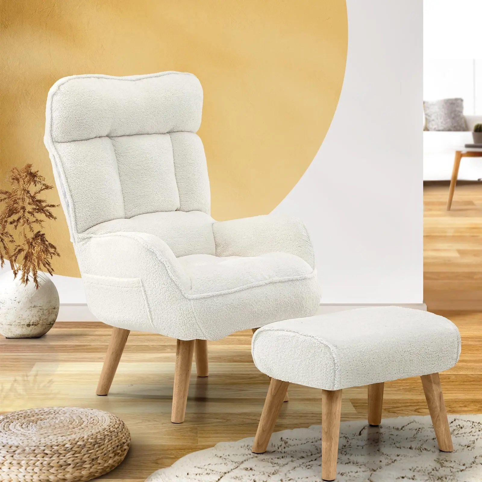 Oikiture Swivel Recliner Armchair Lounge Ottoman Accent Chair With Stool Sherpa White - Furniture