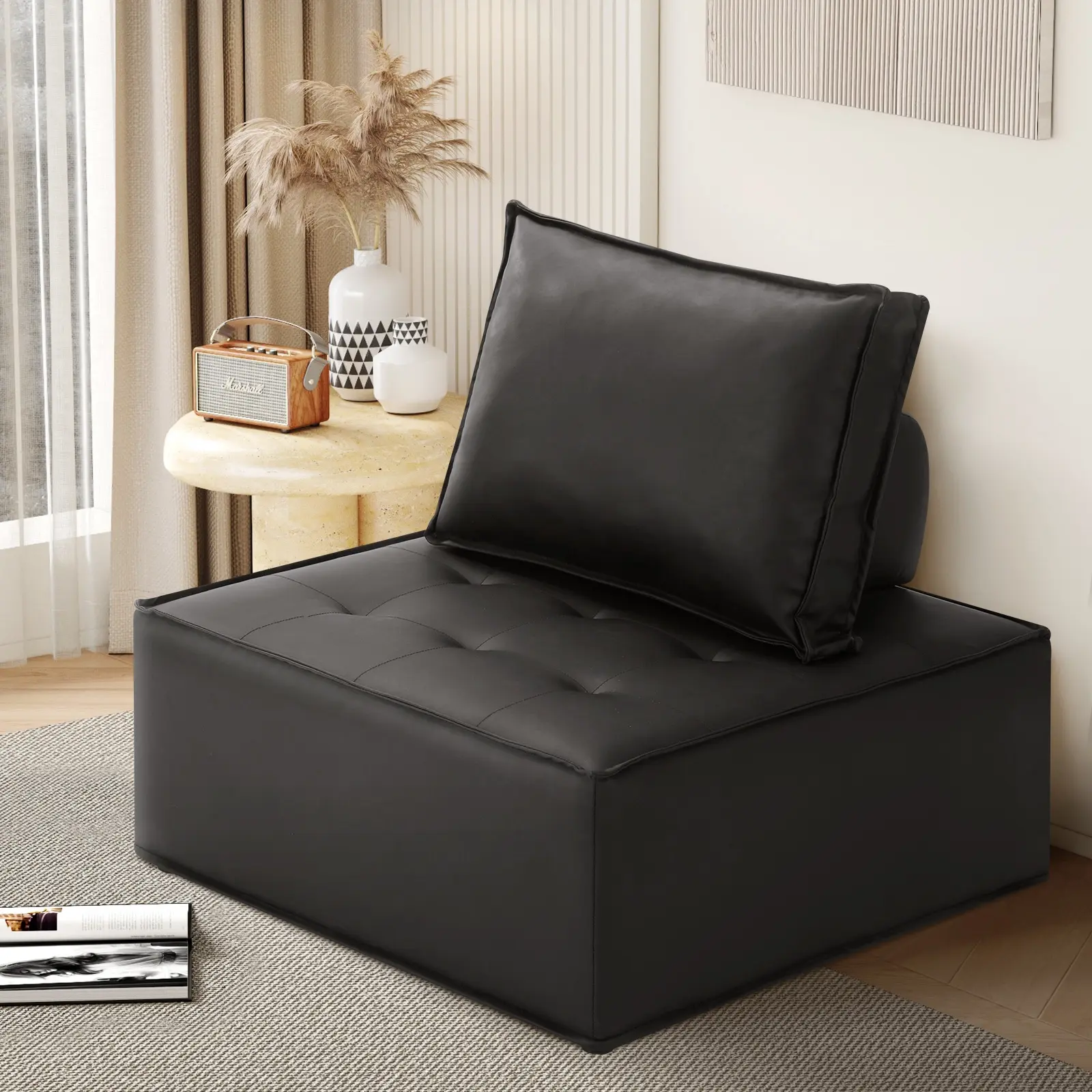Oikiture 1PC Modular Sofa Lounge Chair Armless TOFU Back PU Leather Black - Furniture