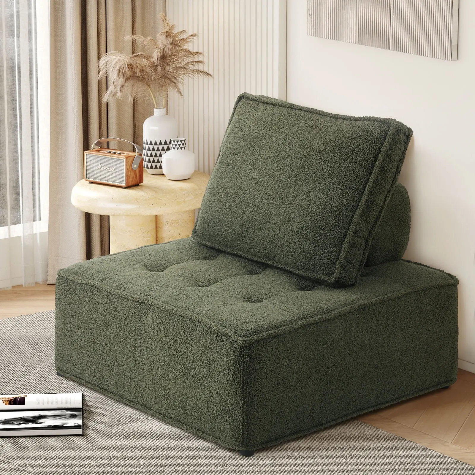 Oikiture 1PC Modular Sofa Lounge Chair Armless TOFU Back Sherpa Green - Furniture