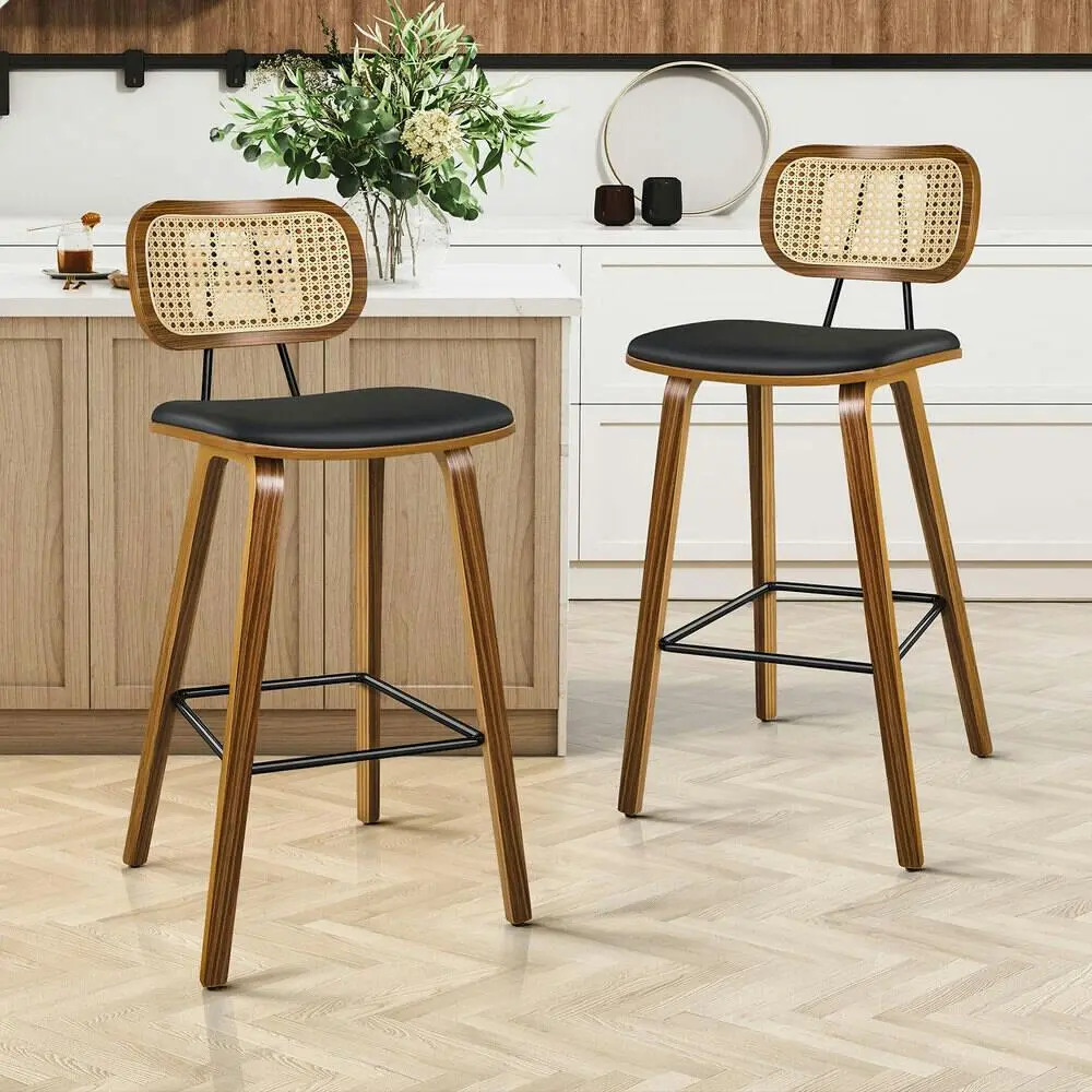 Alfordson 2x Bar Stools Kitchen Vintage Leather Seat Rattan Chair Wooden Black - Furniture