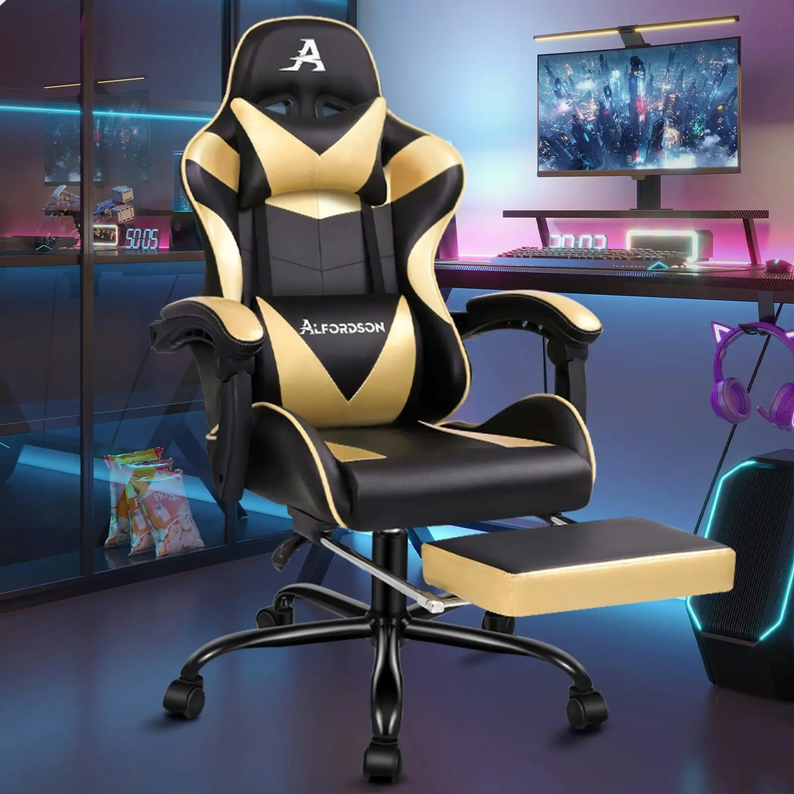 Alfordson Gaming Chair with Lumbar Massage Office Chair Black & Gold - Furniture