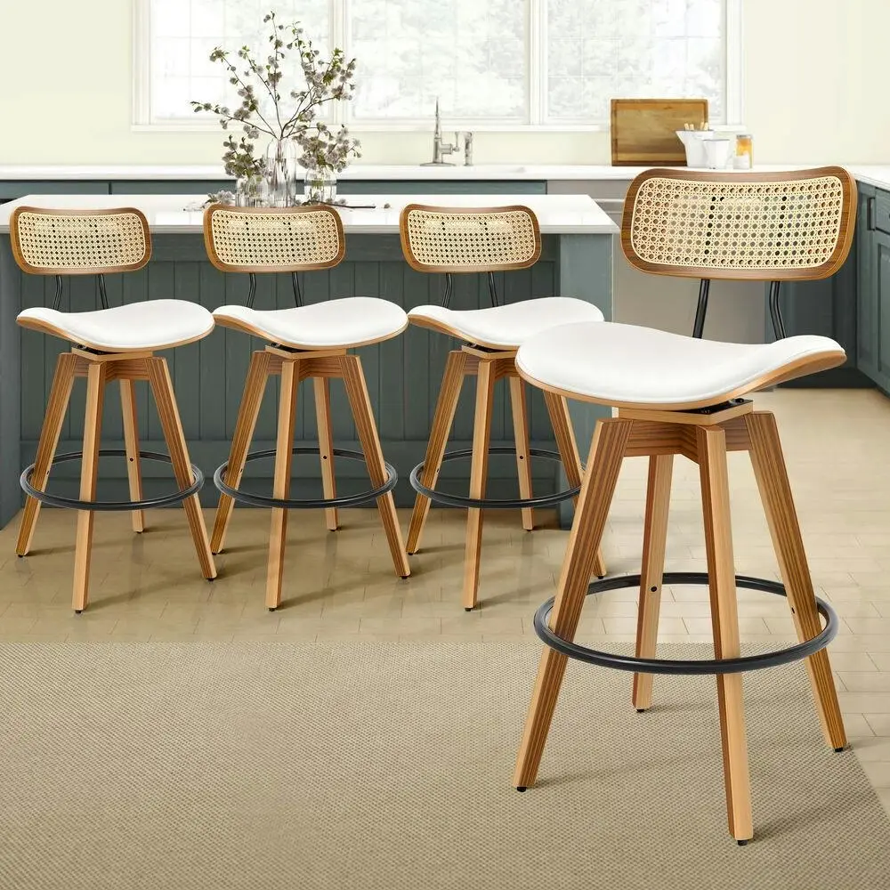 Alfordson 4x Bar Stools Kitchen Vintage Leather Seat Rattan Chair White - Furniture