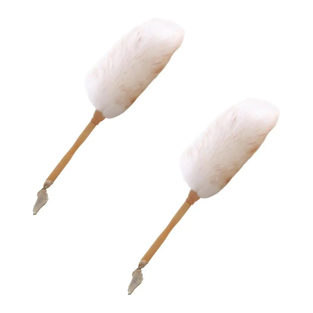 2x Auskin Long Wool Sheepskin Duster Wooden Handle Dust Cleaner 30cm Natural - Home & Garden