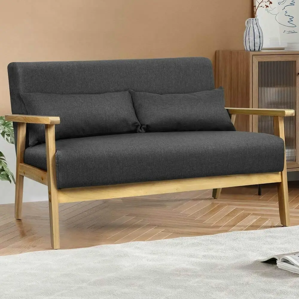 Alfordson Wooden Armchair 2 Seater Sofa Fabric Lounge Chair Accent Couch Seat Dark Grey - Over 40% off Living Room Furniture