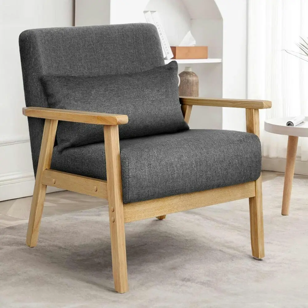 Alfordson Wooden Armchair Lounge Accent Chair Fabric Grey - Furniture