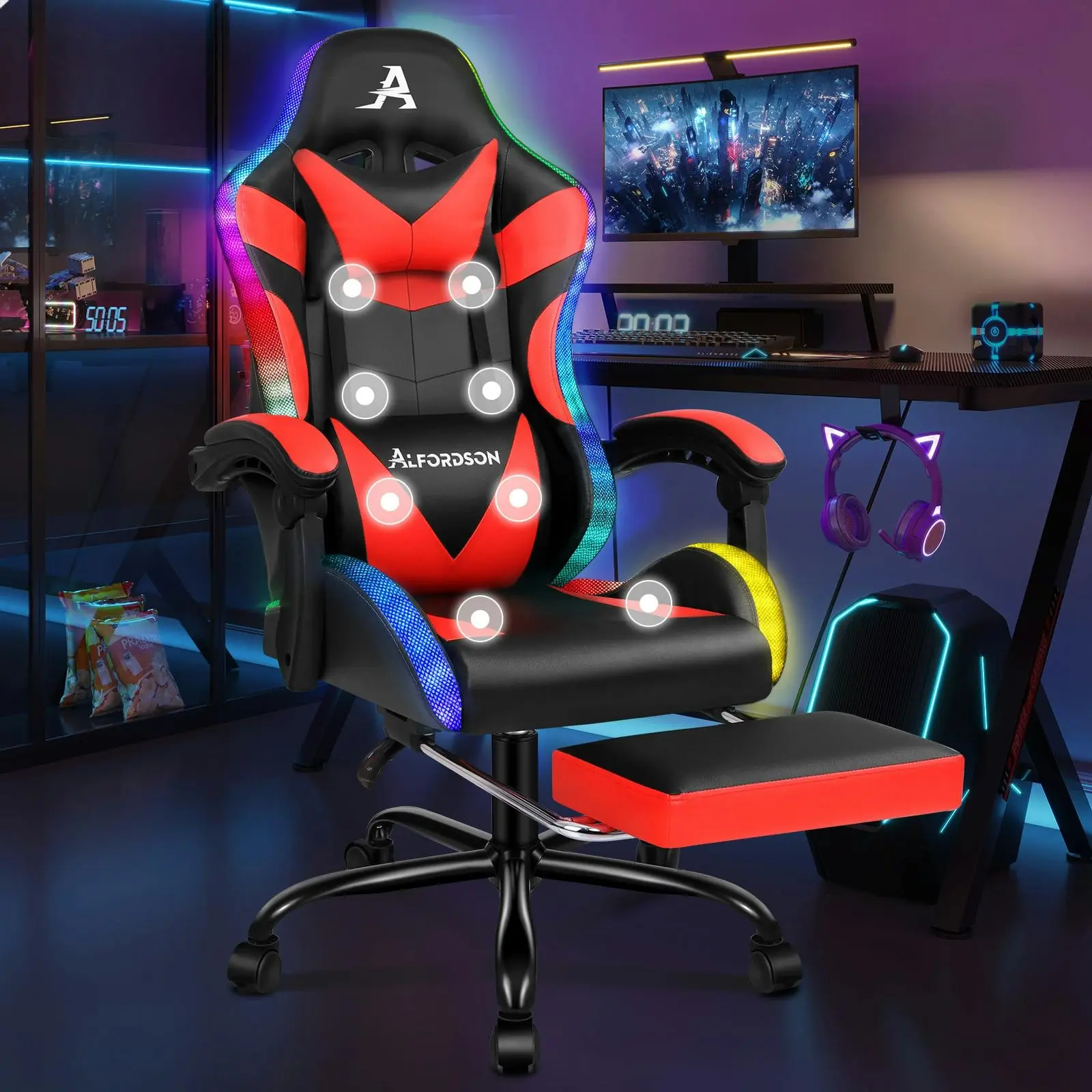 Alfordson Gaming Chair Office Massage 12 RGB LED Computer Seat PU Leather Red - Furniture