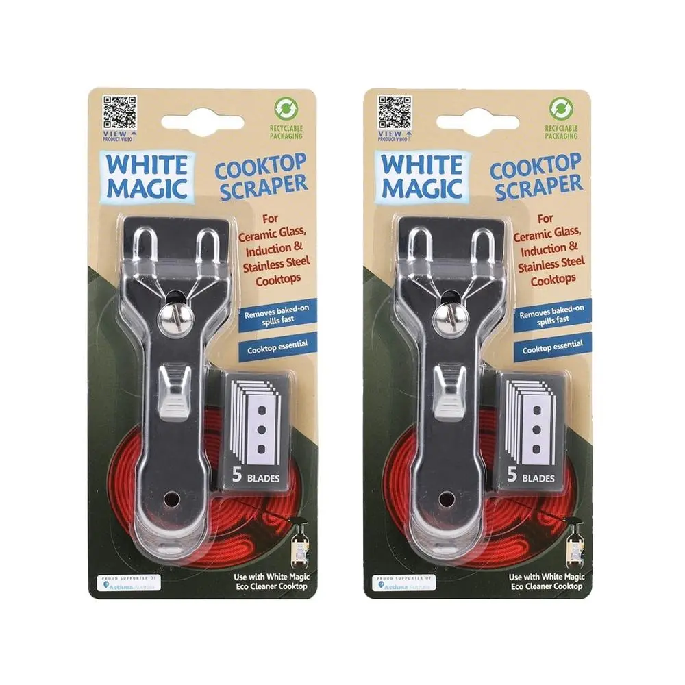 2x White Magic 14cm Scraper Cooktop Cleaner Spill/Dirt Remover w/5 Blades Silver - Home & Garden