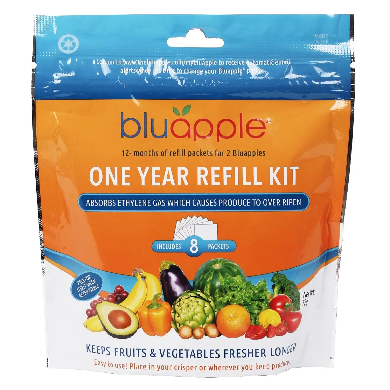 BLUAPPLE CLASSIC FRUIT AND VEGETABLE LIFE EXTENDER 1 YEAR REFILL KIT - 8 PACKETS