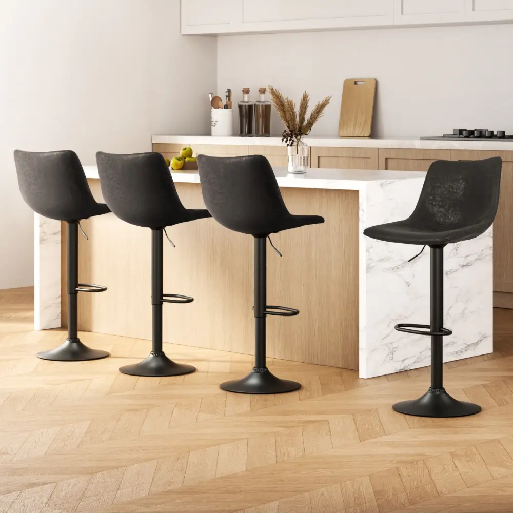 Artiss 4x Bar Stools Vintage Leather Swivel Gas Lift Black - Furniture