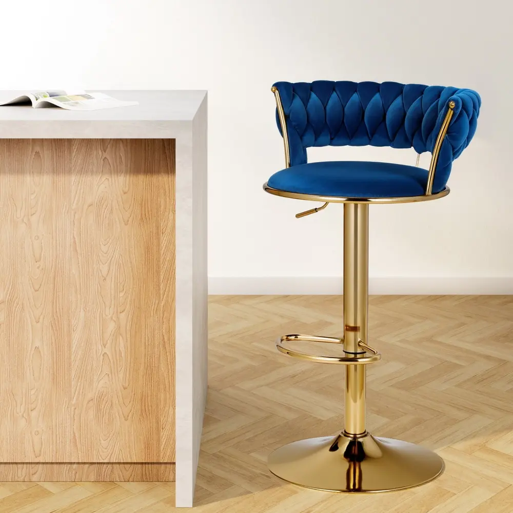 Artiss Bar Stools Gas Lift Velvet Woven Backrest Navy - Furniture