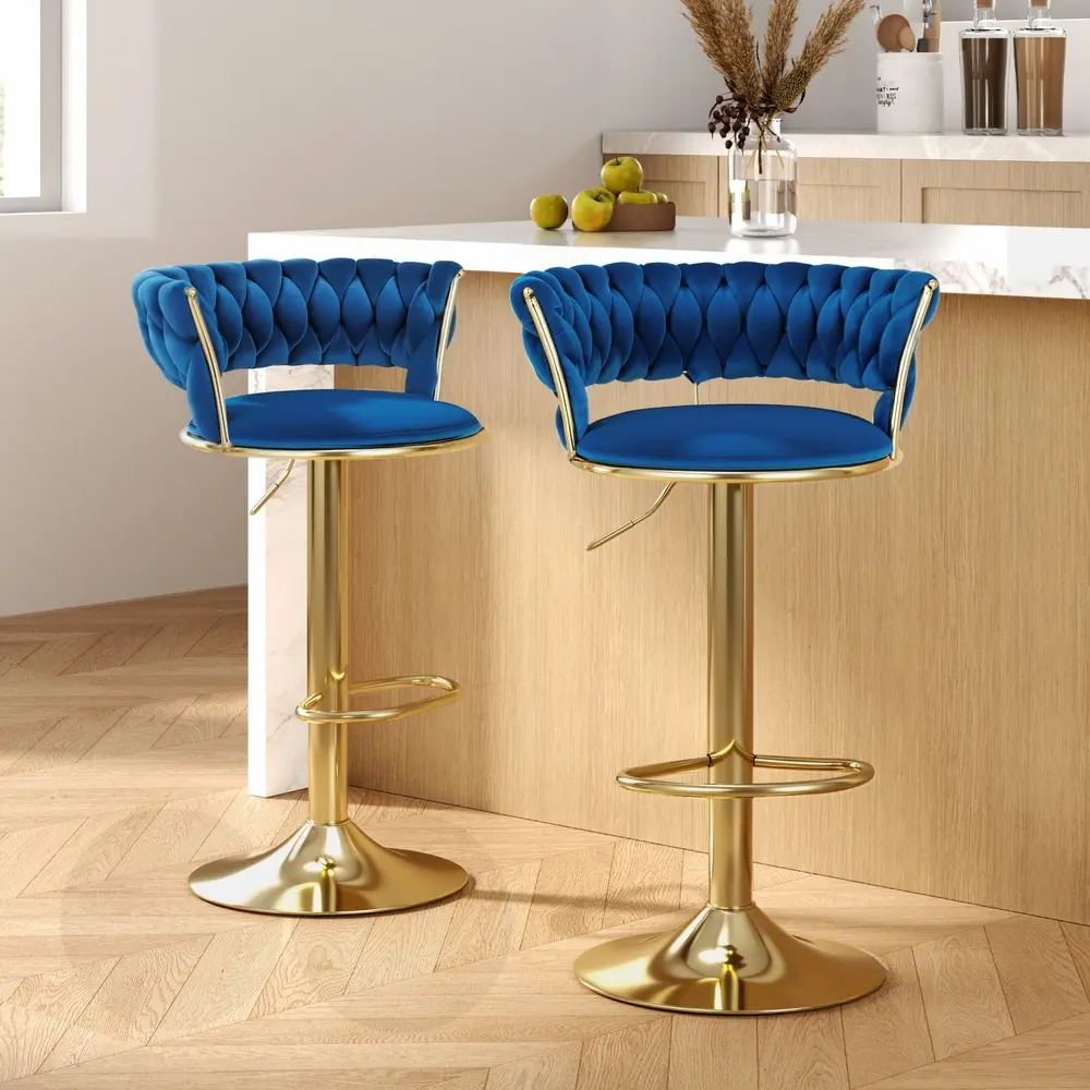 Artiss 2x Bar Stools Gas Lift Velvet Woven Backrest Navy - Furniture