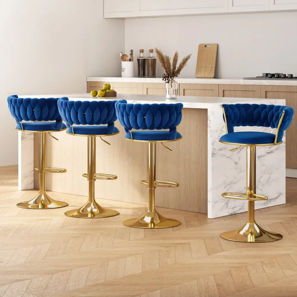 Artiss 4x Bar Stools Gas Lift Velvet Woven Backrest Navy - Furniture