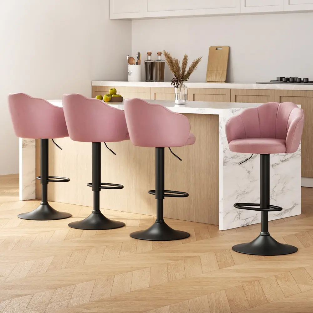 Artiss 4x Bar Stools Gas Lift Velvet Pink - Furniture