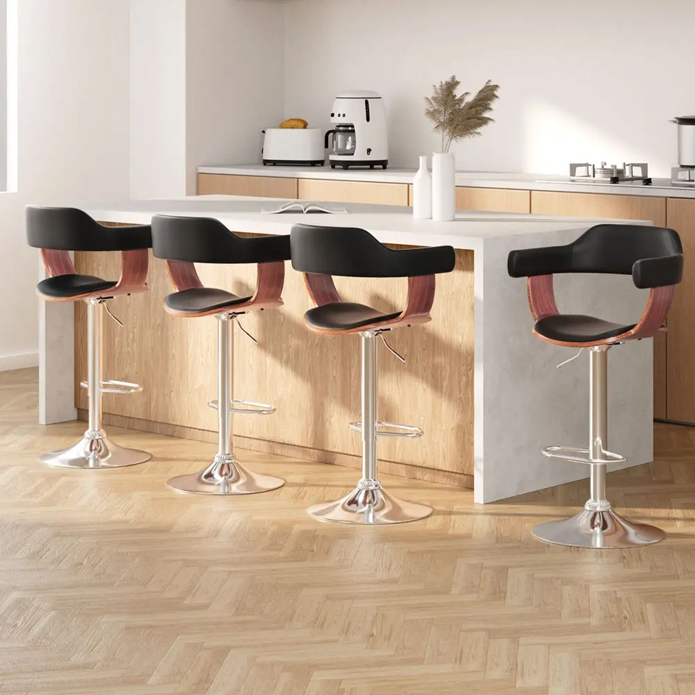 Artiss 4x Bar Stools Gas Lift Leather w/Armrest Black - Furniture