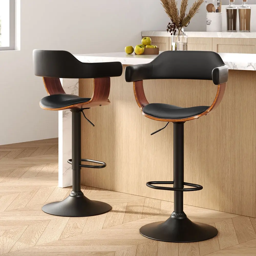 Artiss 2x Bar Stools Gas Lift Leather w/Armrest All Black - Furniture
