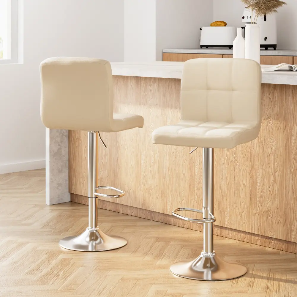 Artiss 2x Bar Stools Leather Gas Lift Beige - Furniture