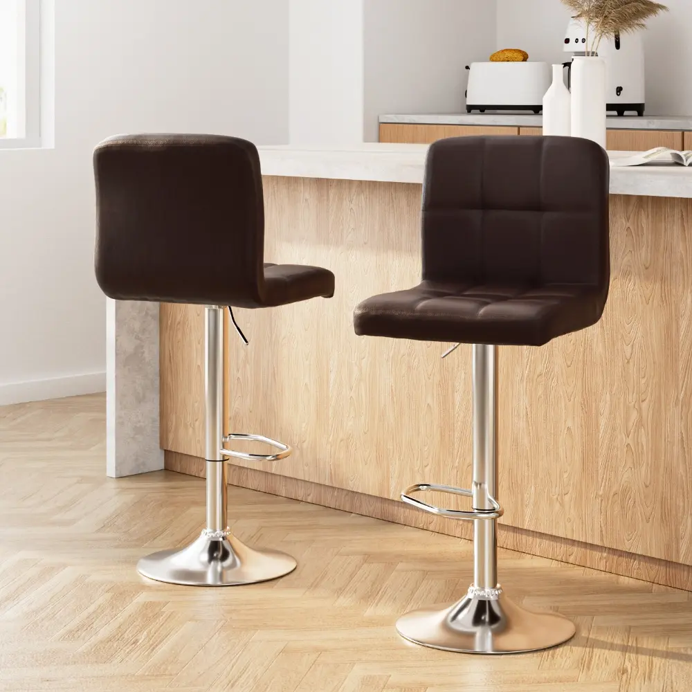 Artiss 2x Bar Stools Leather Gas Lift Brown - Furniture