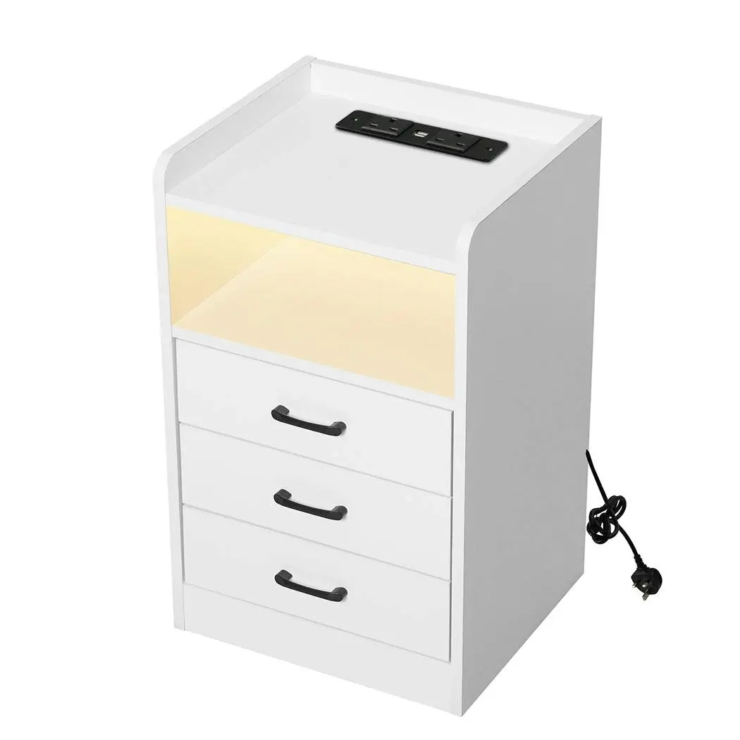 Levede Bedside Table Nightstand USB Charger Outlet RGB LED 3 Drawers White - Furniture