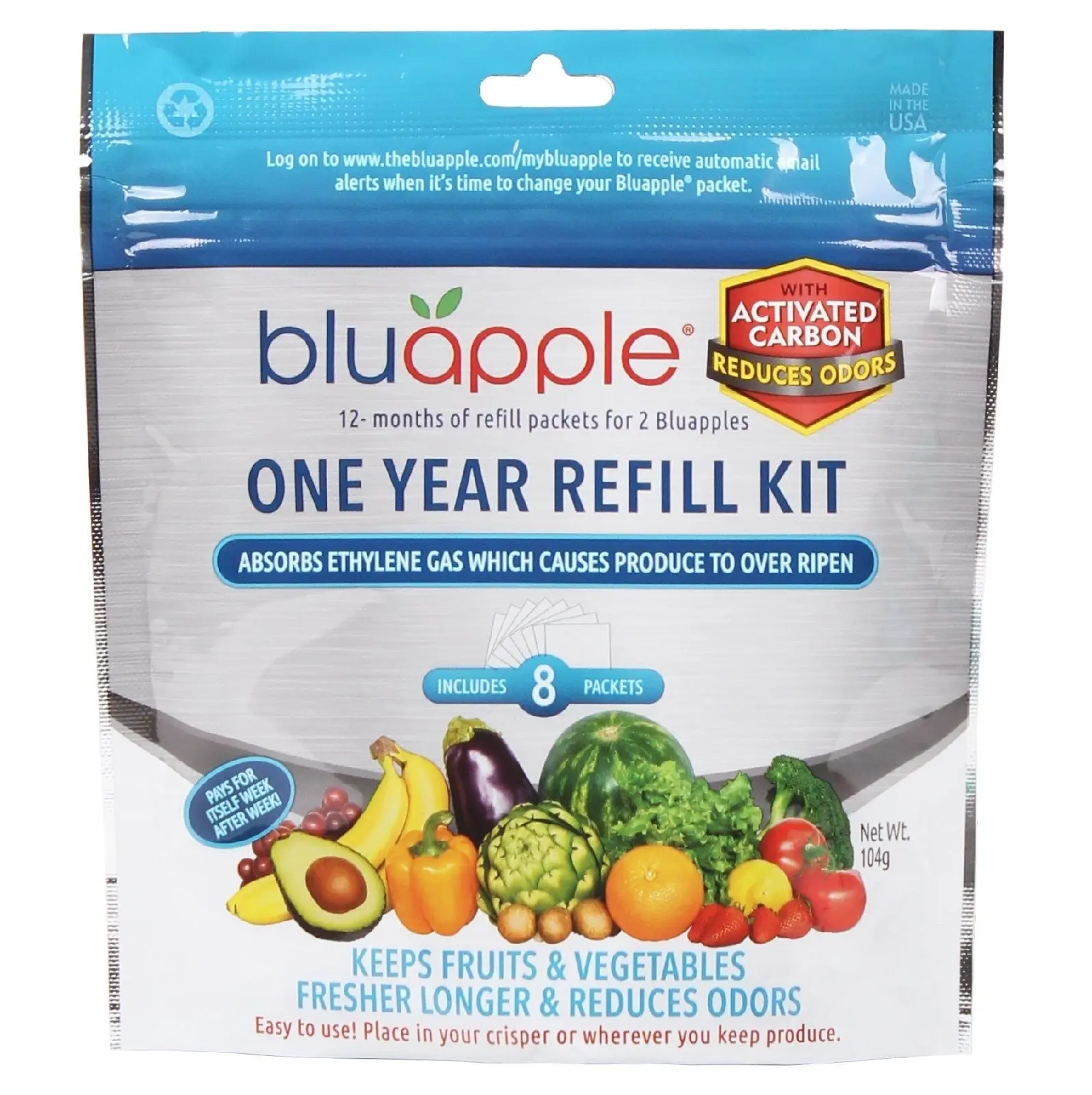 BLUAPPLE CLASSIC+ ACTIVATED CARBON FRUIT LIFE EXTENDER 1 YR REFILL KIT 8 PACKETS - Home & Garden