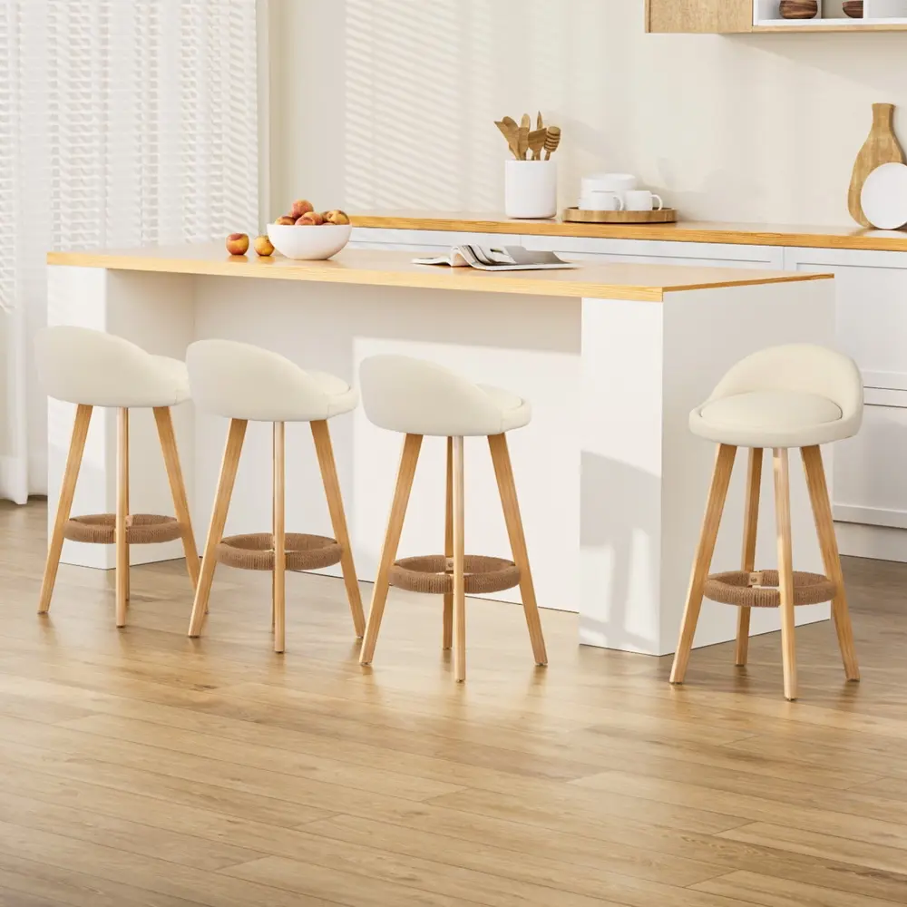 Artiss 4x Bar Stools Padded Leather Wooden Beige - Furniture
