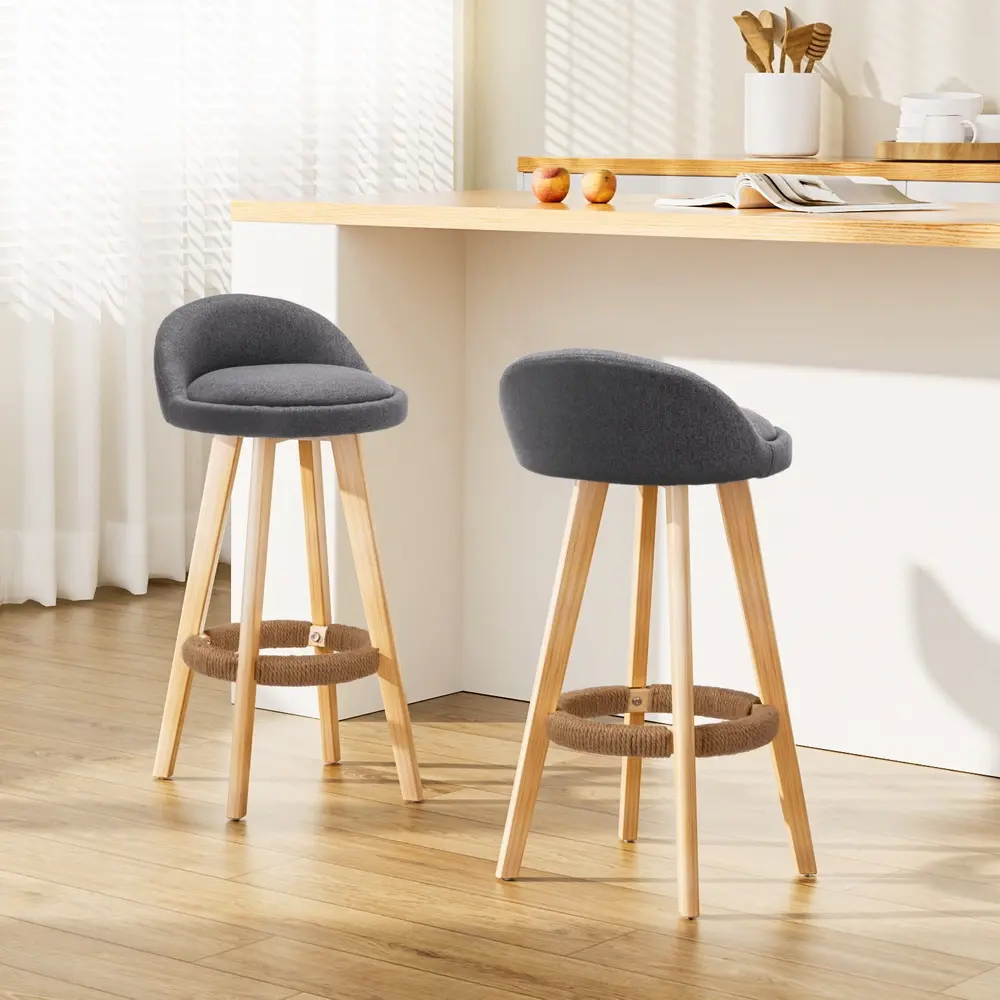 Artiss 2x Bar Stools Padded Linen Wooden Grey - Furniture