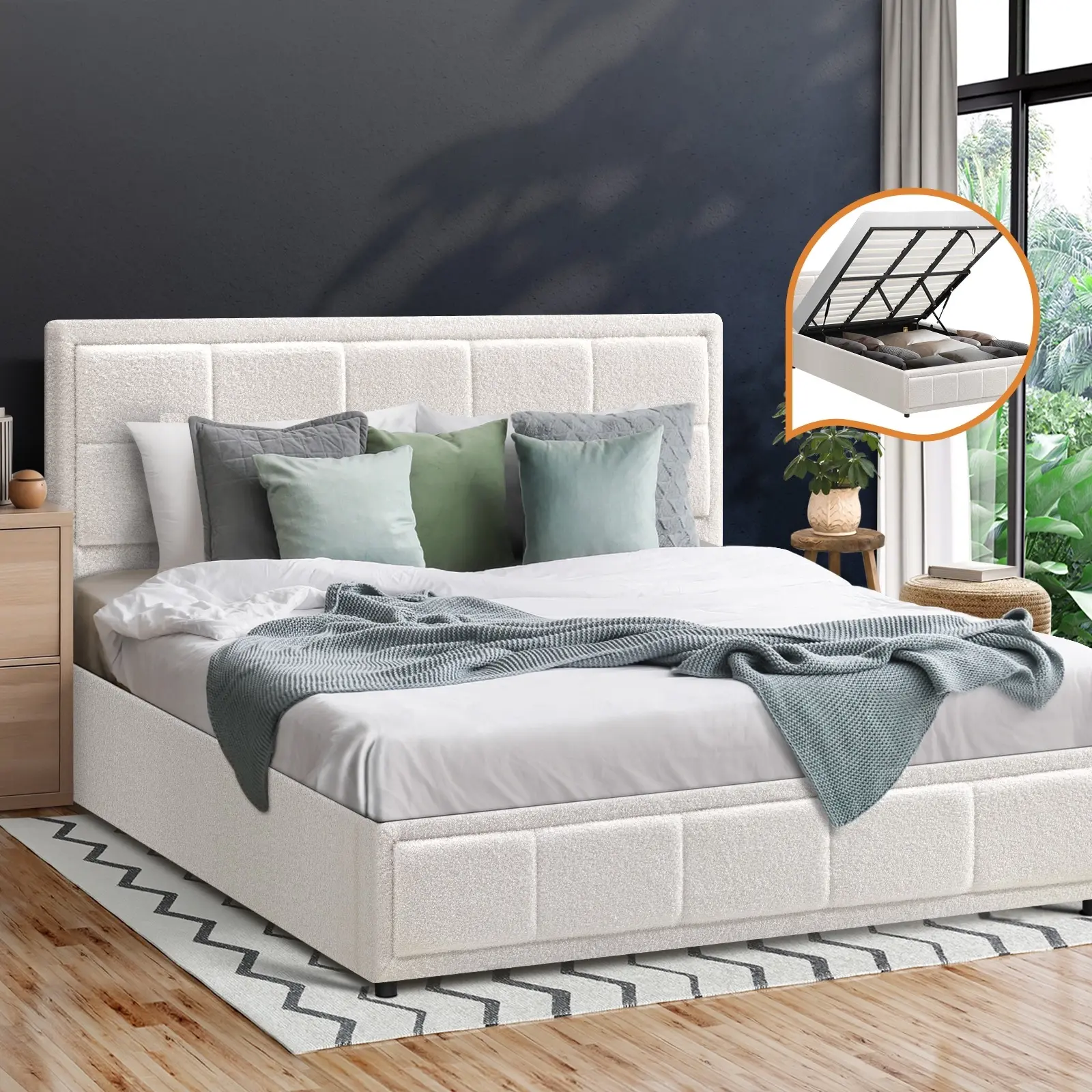Oikiture Bed Frame King Size Gas Lift Storage Bed Platform Boucle White - Furniture
