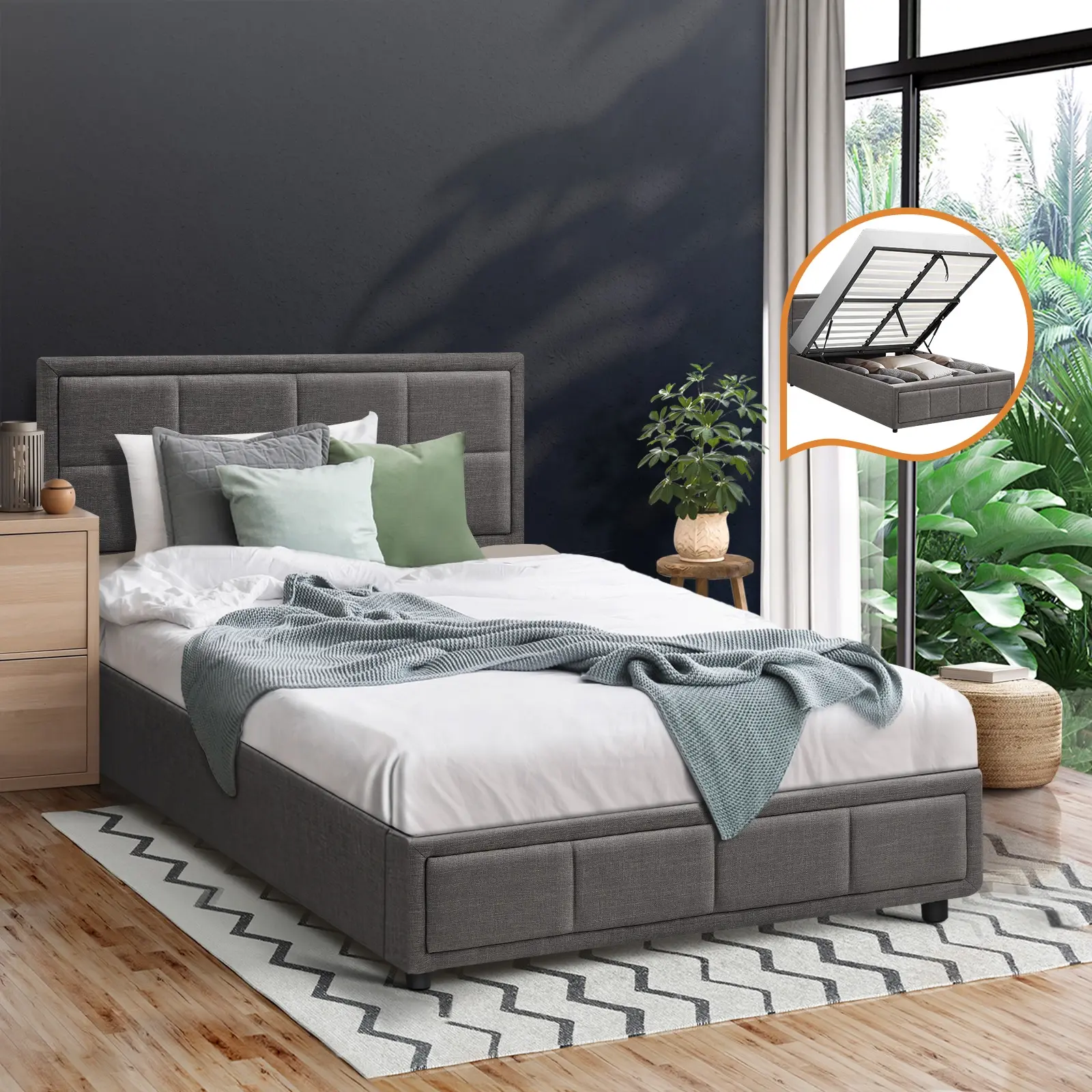 Oikiture Bed Frame King Single Gas Lift Storage Base Fabric Grey - Top Selling Beds