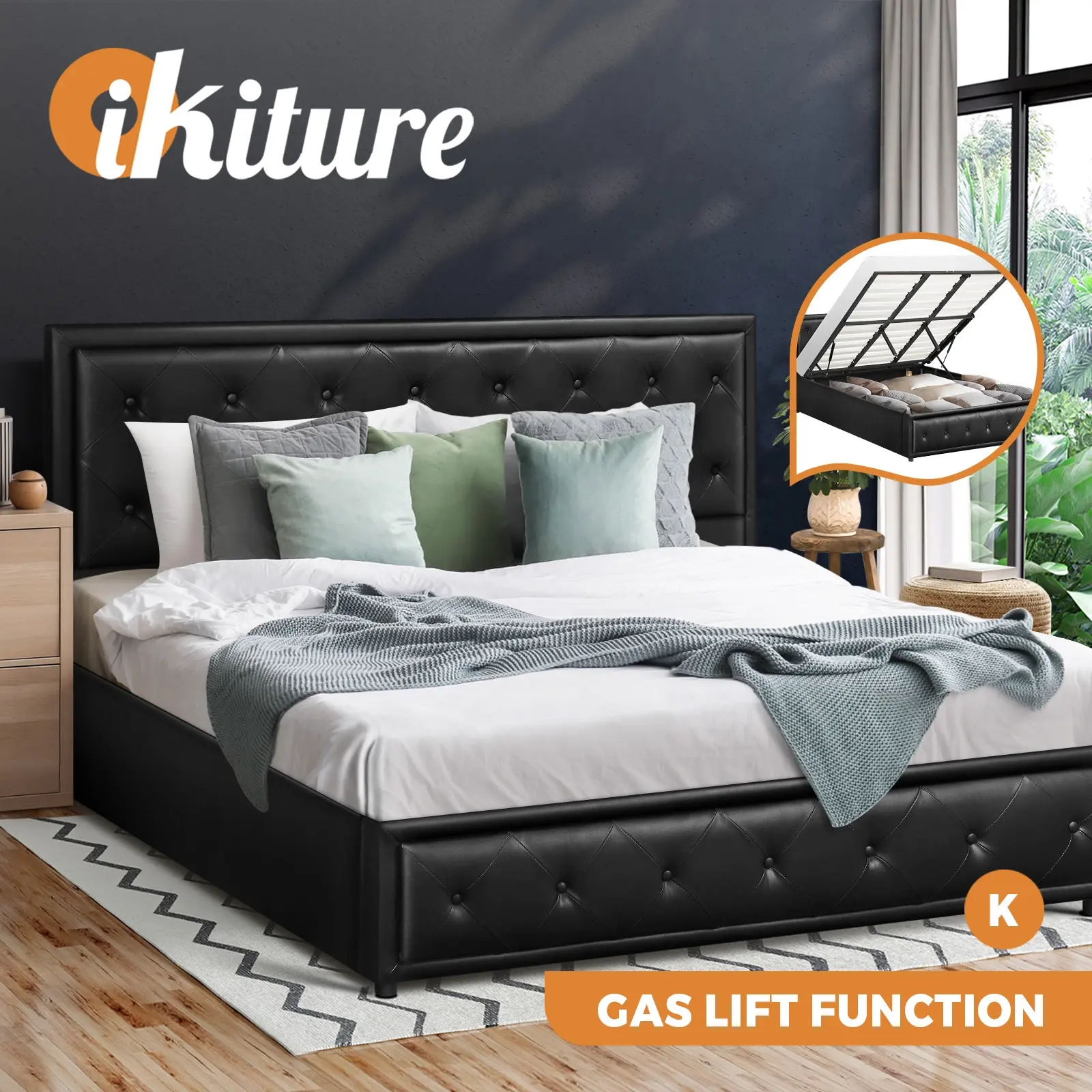 Oikiture Bed Frame King Size Gas Lift Base With Storage Black Leather - Furniture