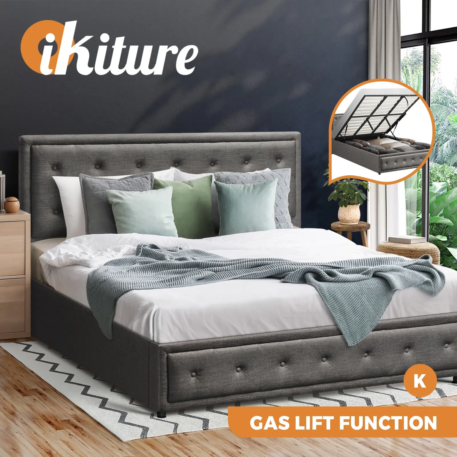 Oikiture Bed Frame King Size Gas Lift Base With Storage Grey Fabric - Furniture