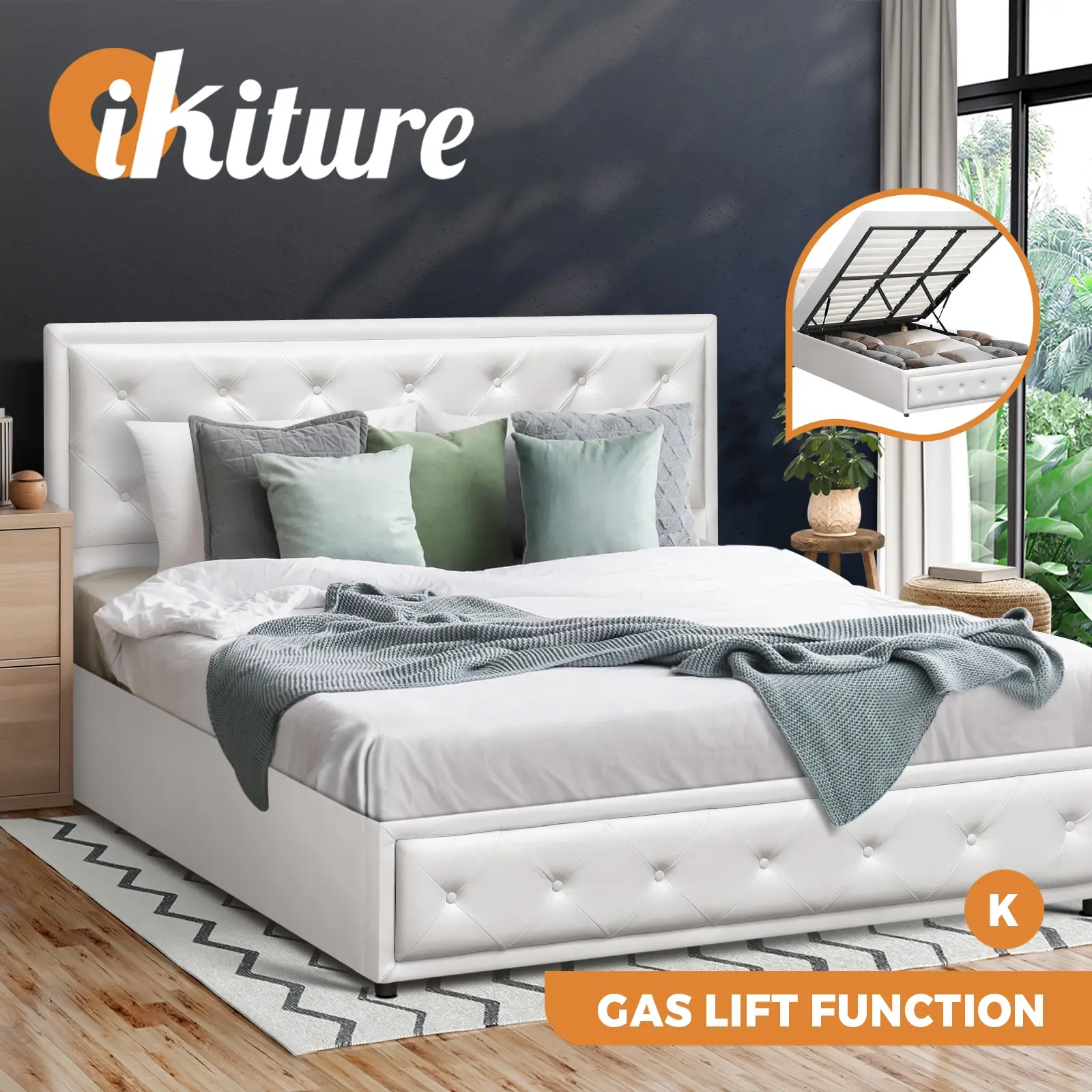 Oikiture Bed Frame King Size Gas Lift Base With Storage White Leather - Furniture