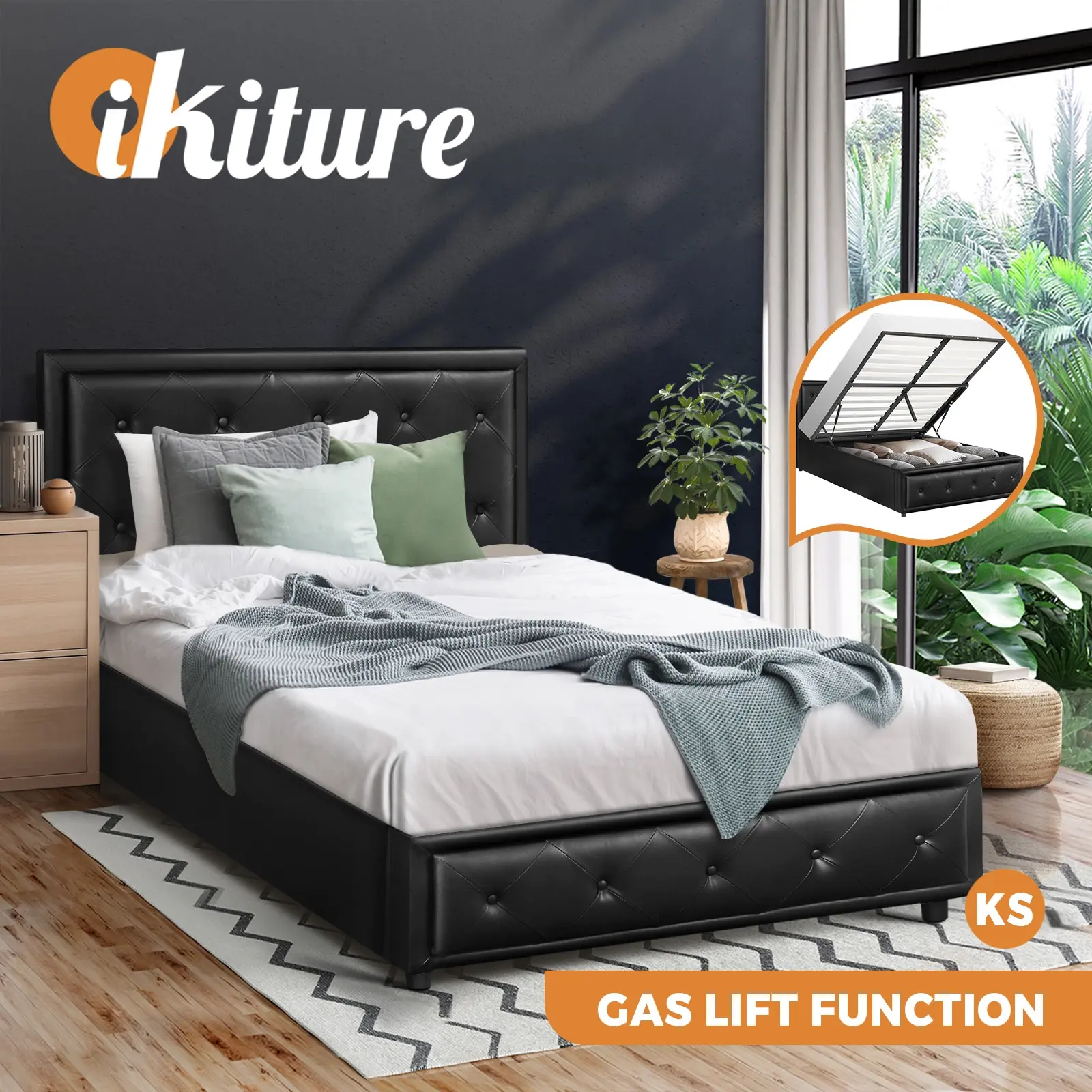 Oikiture Bed Frame King Single Size Gas Lift Base With Storage Black Leather - Furniture