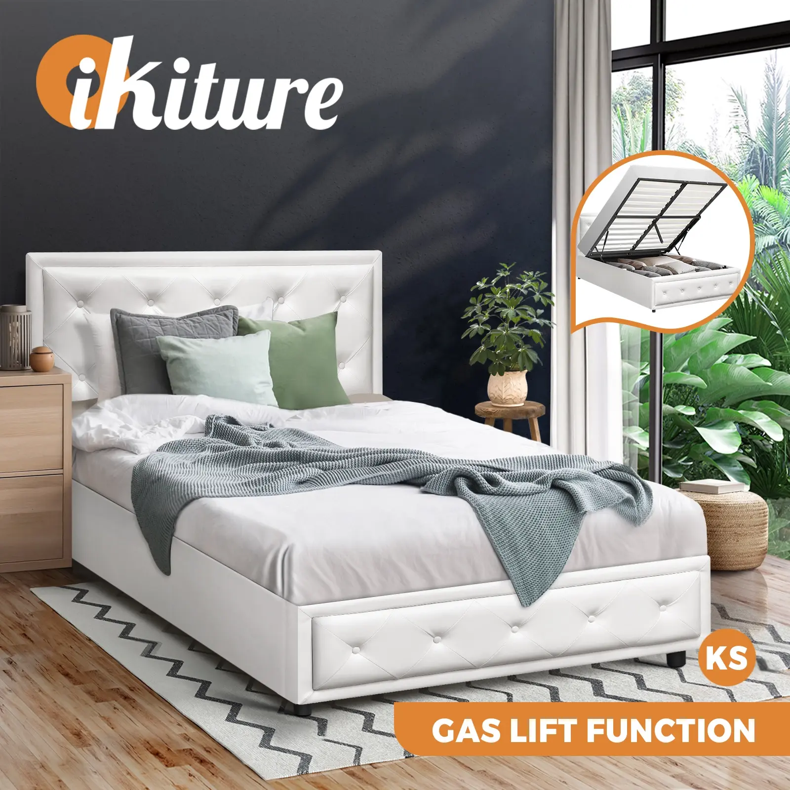 Oikiture Bed Frame King Single Size Gas Lift Base With Storage White Leather - Furniture
