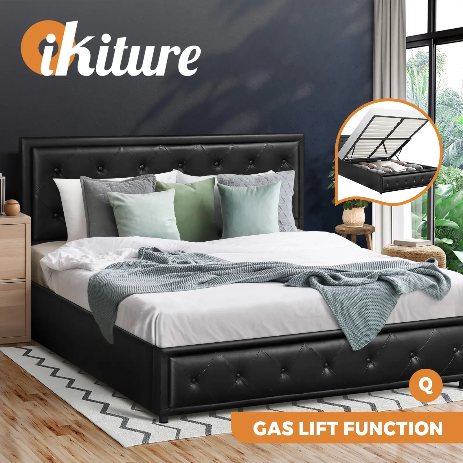 Oikiture Bed Frame Queen Size Gas Lift Base With Storage Black Leather - Furniture