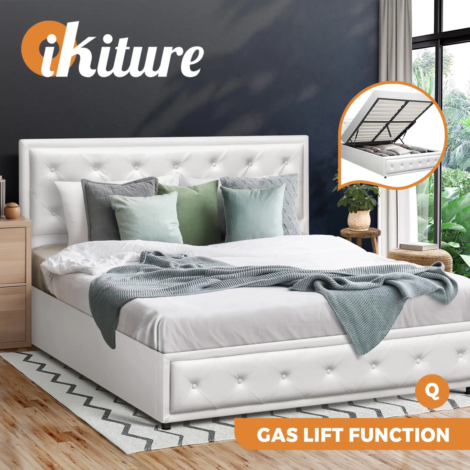 Oikiture Bed Frame Queen Size Gas Lift Base With Storage White Leather - Top Selling Beds