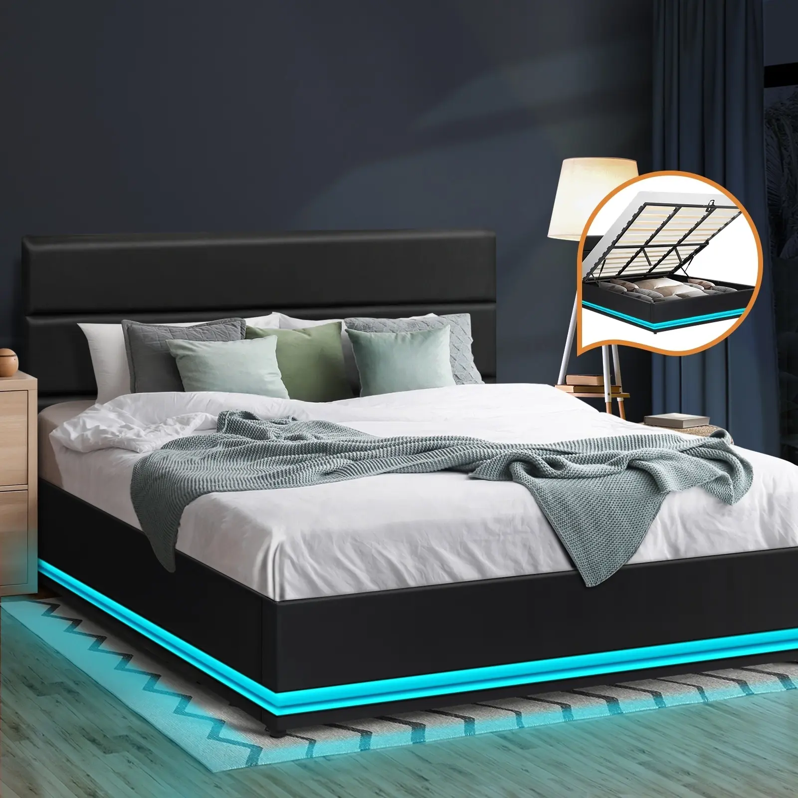 Oikiture RGB LED Bed Frame King Size Gas Lift Base With Storage Black Leather - Top Selling Beds