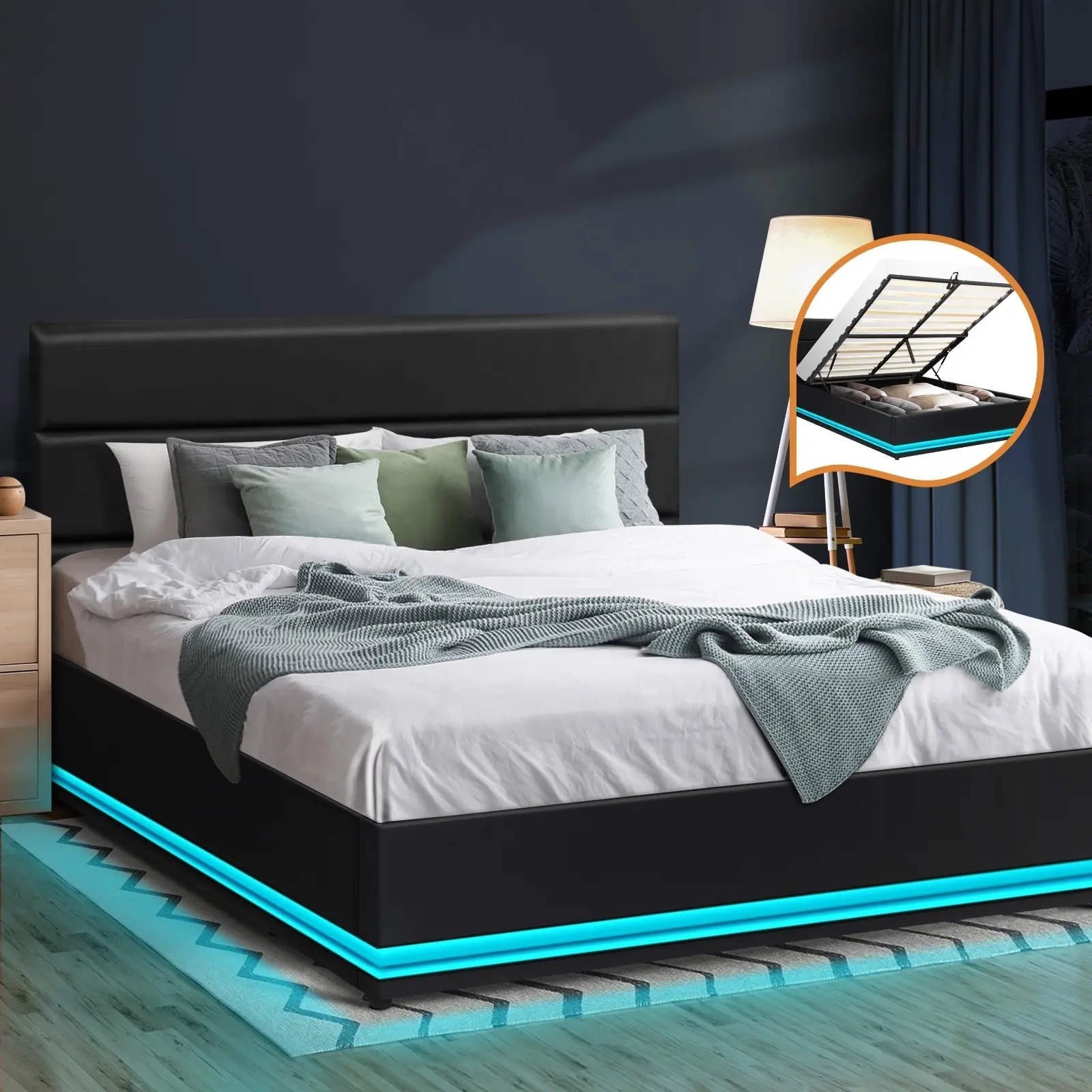 Oikiture RGB LED Bed Frame Queen Size Gas Lift Base With Storage Black Leather - Top Selling Beds