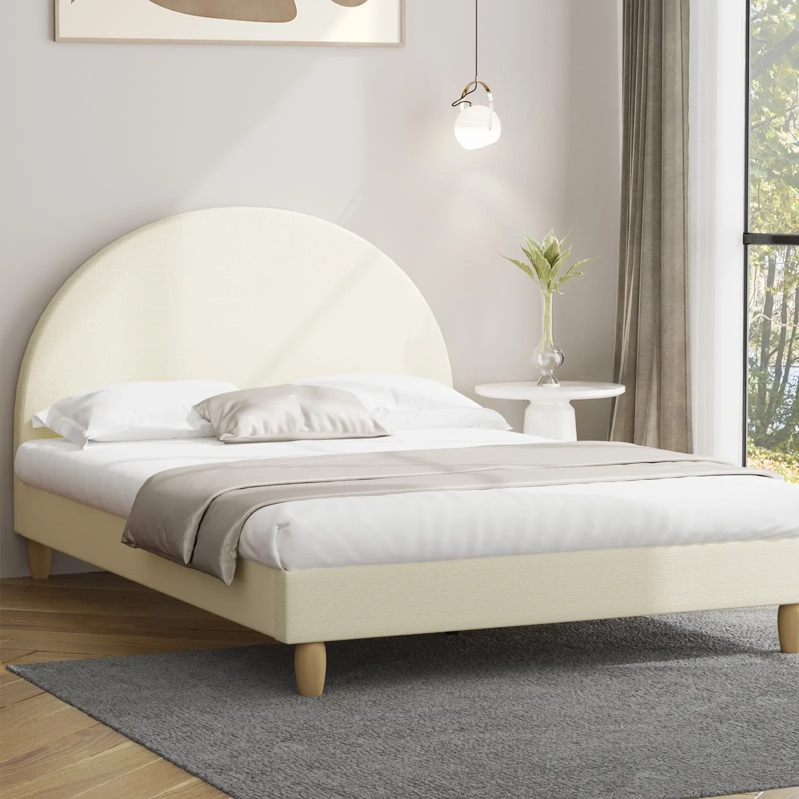 Oikiture Bed Frame Double Size Beige Fabric Arched Beds Platform - Top Selling Beds