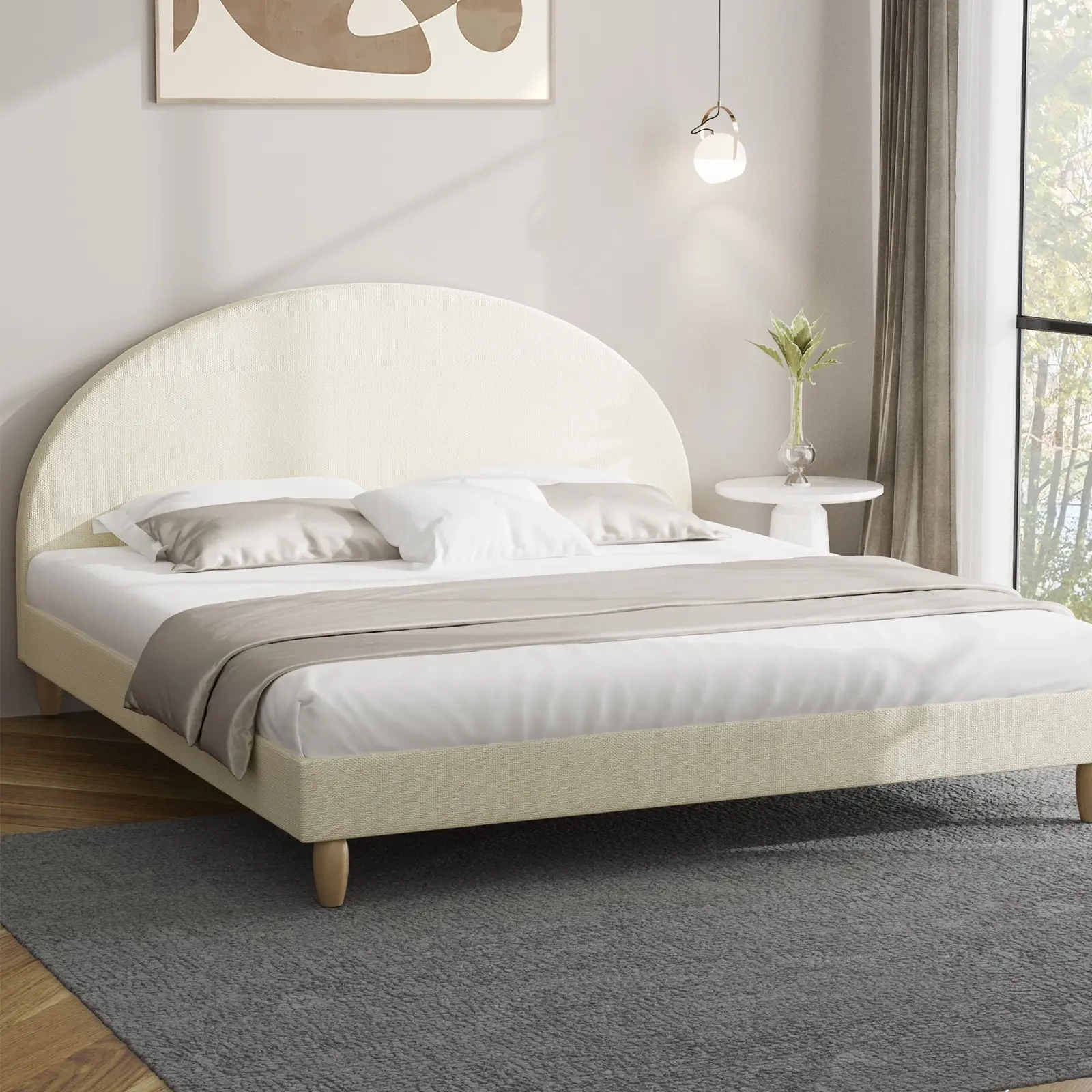 Oikiture Bed Frame King Size Beige Fabric Arched Beds Platform - Top Selling Beds