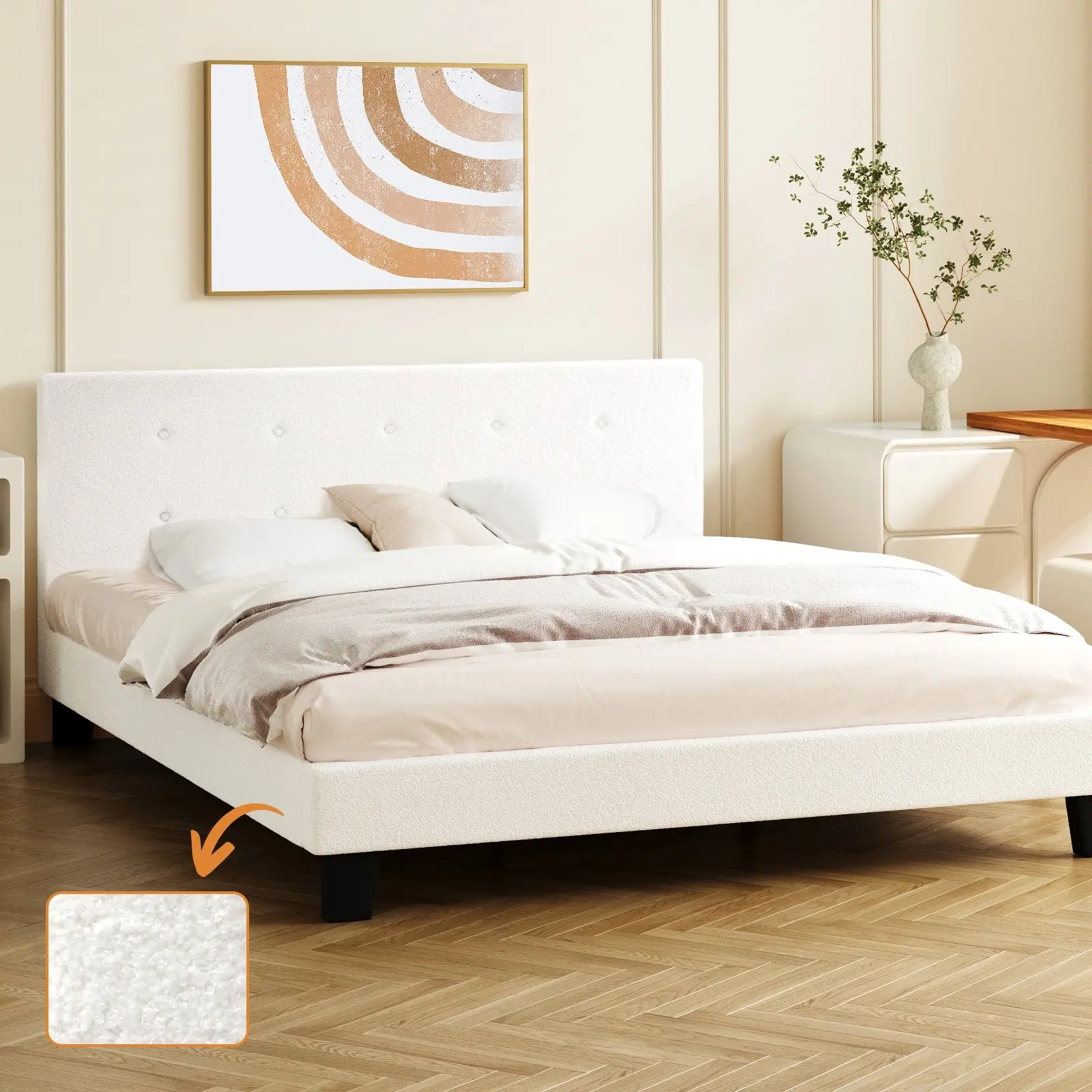 Oikiture Bed Frame Double Size Bed Platform Wooden White Boucle - Furniture