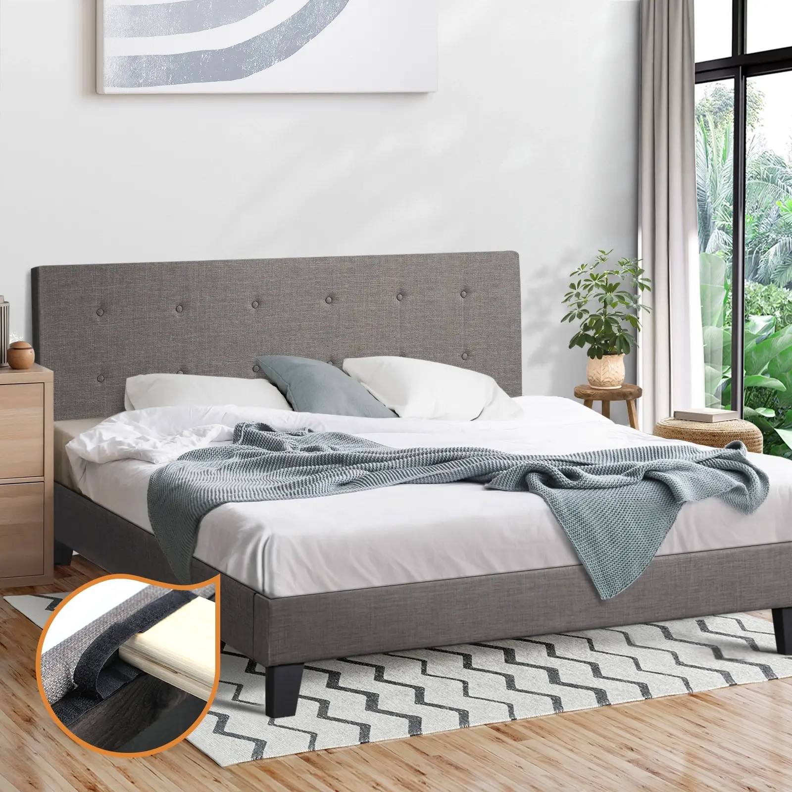 Oikiture Bed Frame King Size Bed Platform Wooden Fabric Grey - Furniture