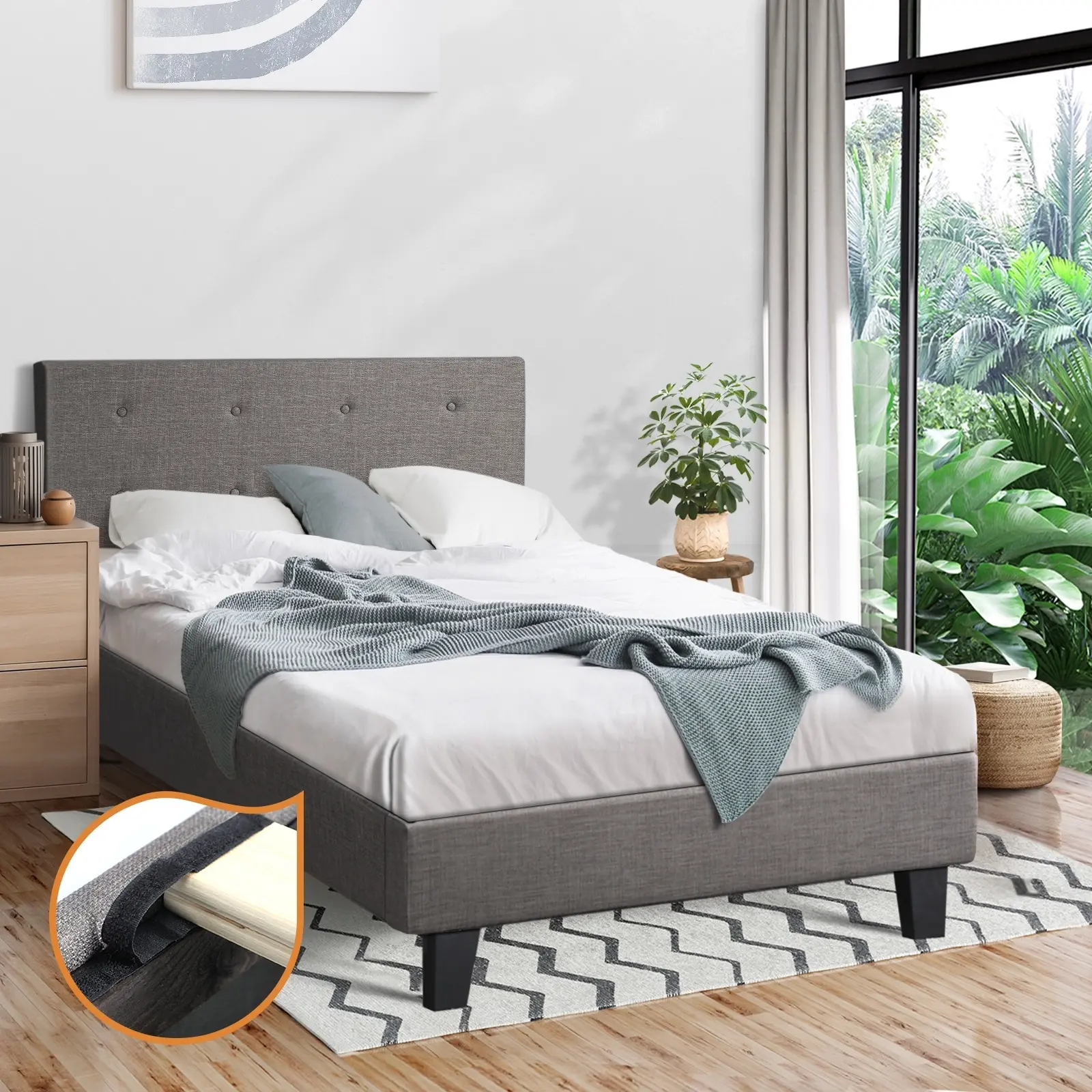 Oikiture Bed Frame King Single Bed Platform Wooden Fabric Grey - Furniture