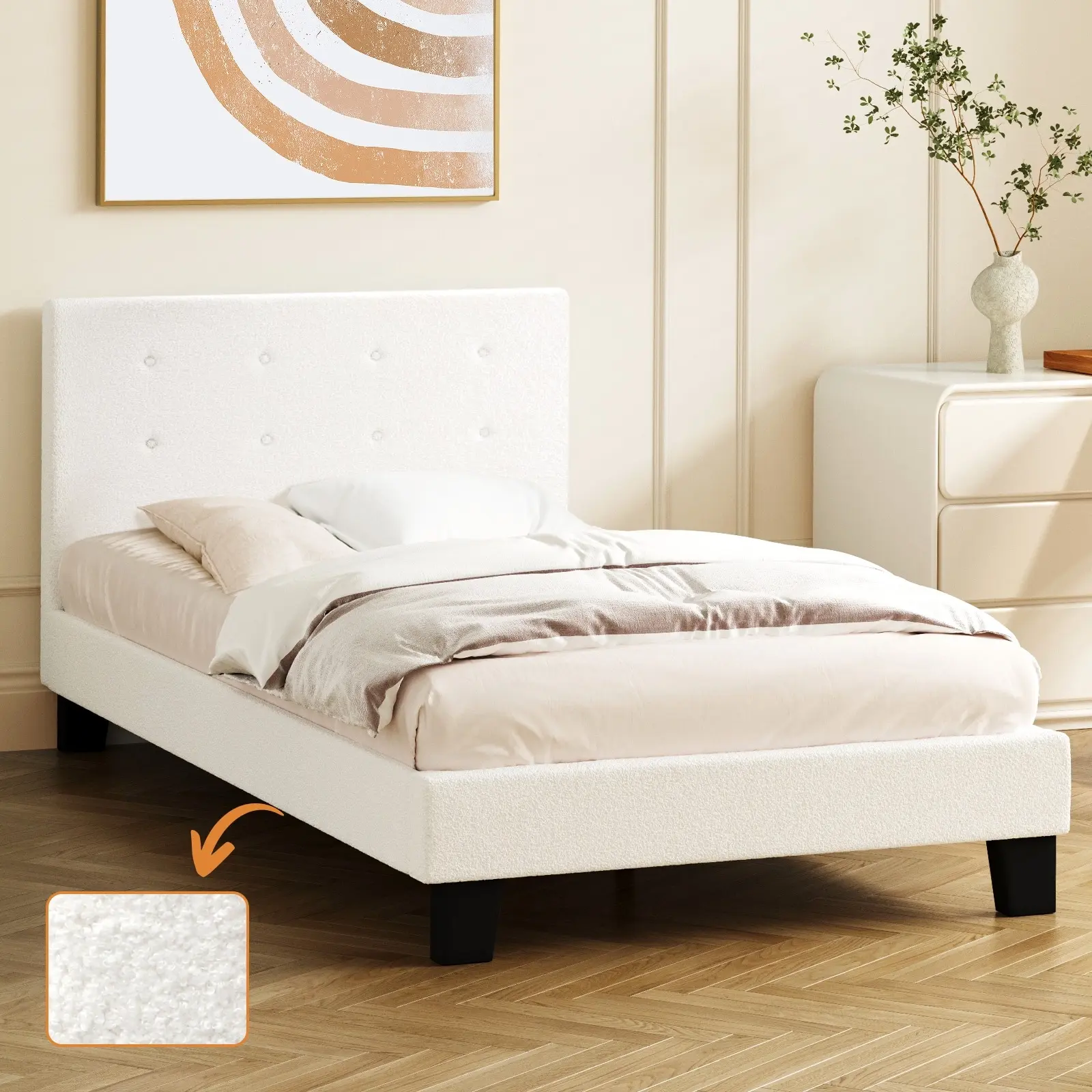 Oikiture Bed Frame King Single Bed Platform Wooden White Boucle - Furniture