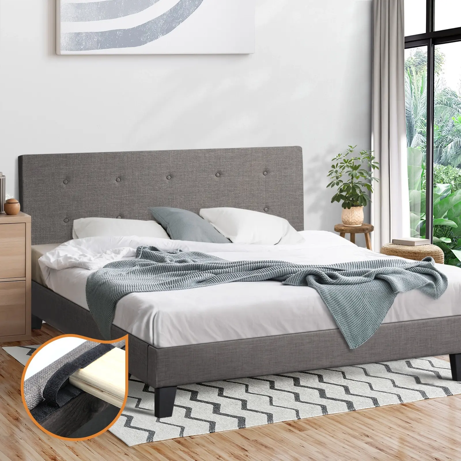 Oikiture Bed Frame Queen Size Bed Platform Wooden Fabric Grey - Furniture