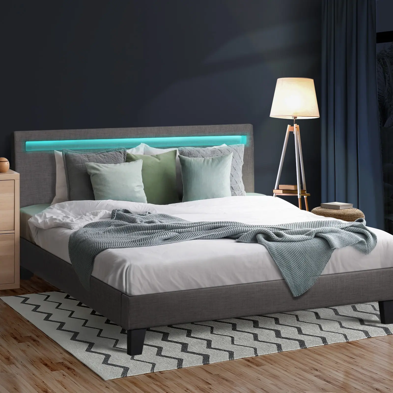 Oikiture Bed Frame RGB LED Double Size Mattress Base Platform Wooden Grey Fabric - Furniture