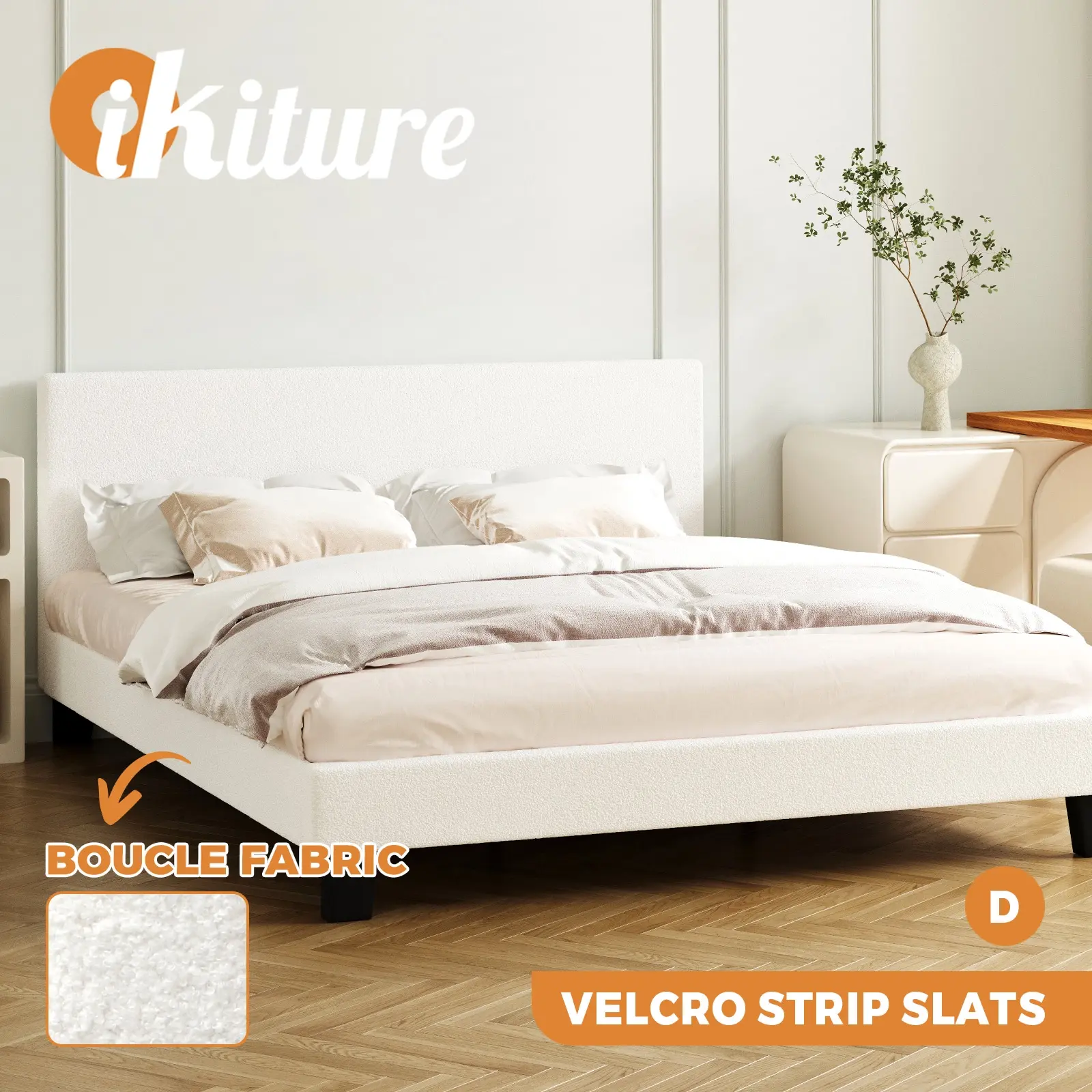 Oikiture Bed Frame Double Size Mattress Base Boucle Fabric Platform Wooden Slats - Furniture