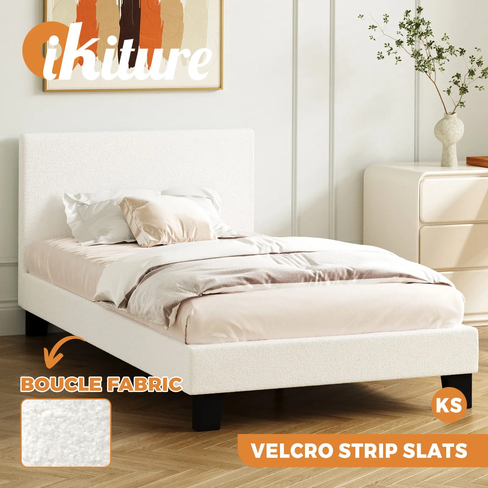 Oikiture Bed Frame King Single Size Mattress Base Boucle Fabric Platform Wooden - Furniture